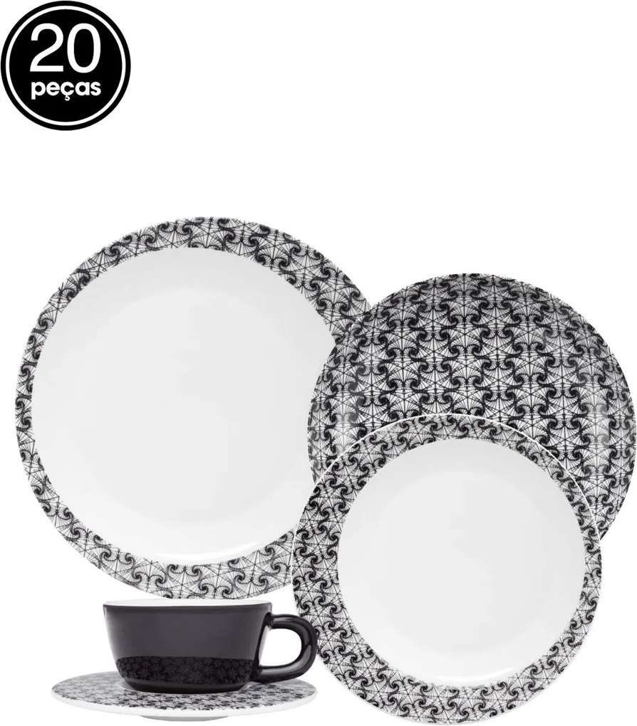 Aparelho de Jantar e Chá Oxford Porcelana Moon Spirale 20Pçs Preto/Branco
