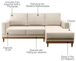 Sofá Living 200cm 3 Lugares Com Chaise Direito Kayrós D05 Linho Bege -