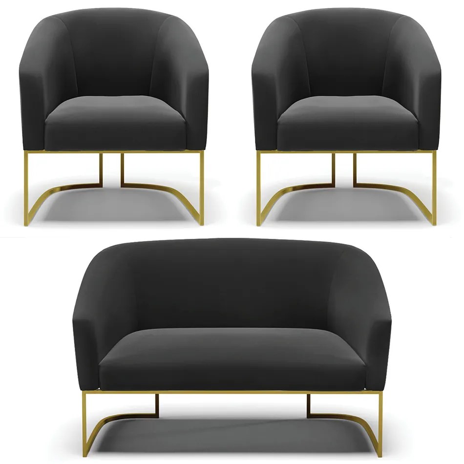 Namoradeira e 2 Poltronas Industrial Dourado Stella Suede Preto D03 - D'Rossi