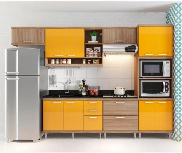 Cozinha Compacta Aéreos, Armário p/ Forno/Micro-ondas e Balcões de Pia/Cooktop - Argila/Laca Amarelo