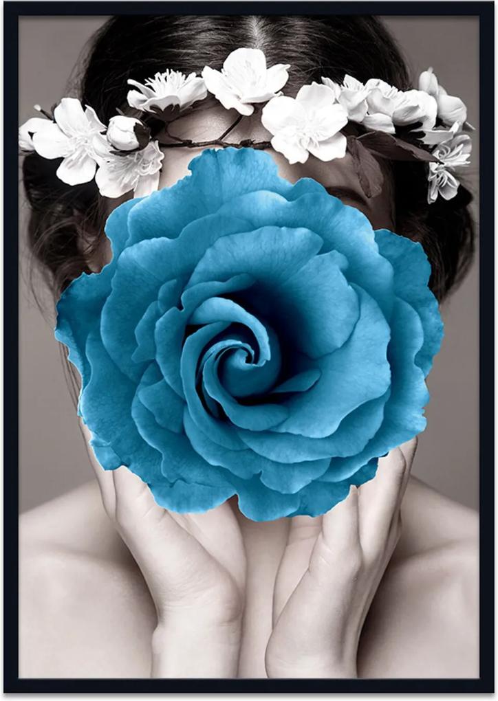 Quadro 60x90cm Amália Mulher com Flor Azul Nórdico Moldura Preta Sem Vidro