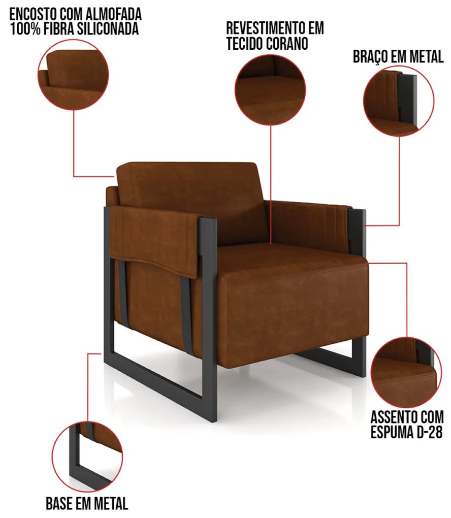 Poltrona Decorativa Base Industrial Kit 2 Rory Sintético PU K01 - D'Rossi - Marrom