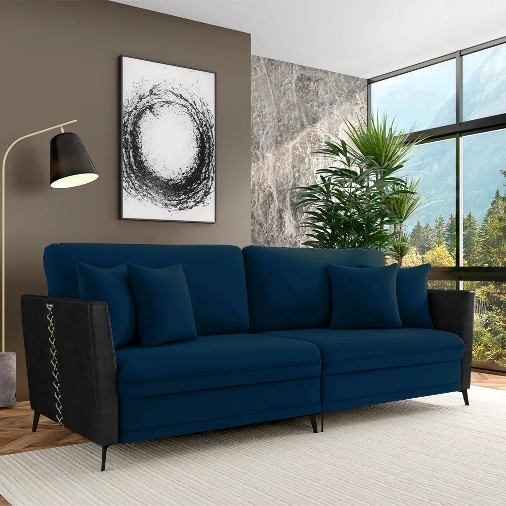 Sofá Living Decorativo Zagreb 2 Lugares 182cm com Almofadas Pés de Ferro Veludo/PU Azul/Preto G33 - Gran Belo