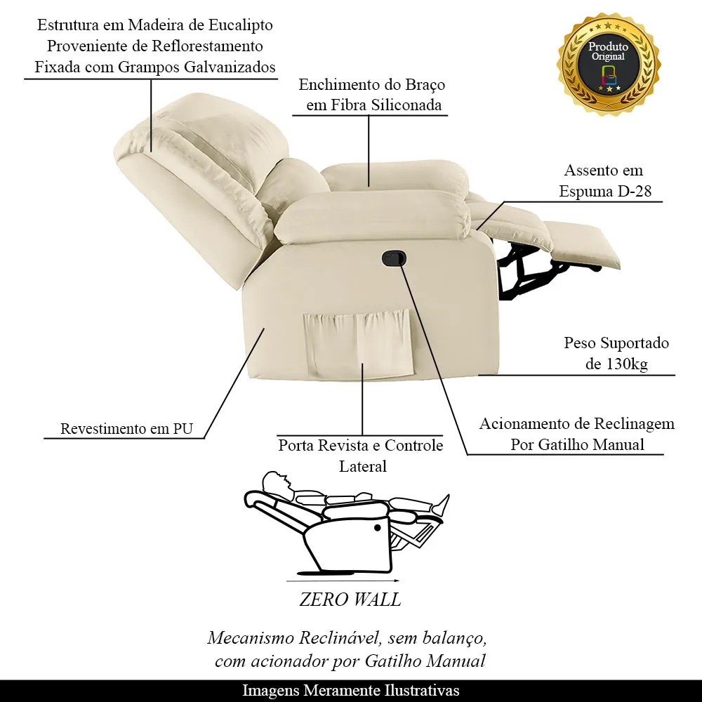Poltrona do Papai Reclinável Melim Zero Wall Sintético PU F FH1 - D'Rossi - Bege