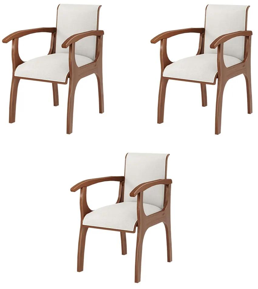 Kit 3 Cadeiras Decorativa Sala de Jantar Madeira Maciça Pedri com Braço Linho Off White/Imbuia G42 - Gran Belo