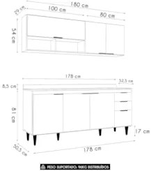 Armário de Cozinha Com Tampo CP01 180cm Pérola Freijó/Grafite Z34 - Mp