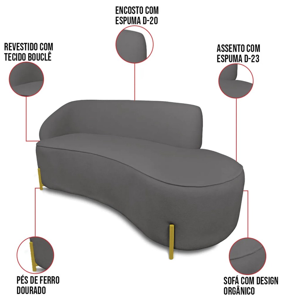 Sofá 4 Lugares Orgânico 220cm Pé Dourado Morgan Bouclê Grafite D03 - D'Rossi