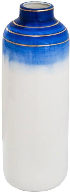 Vaso Decorativo Branco com Detalhes em Azul e Dourado - 36x12x12cm