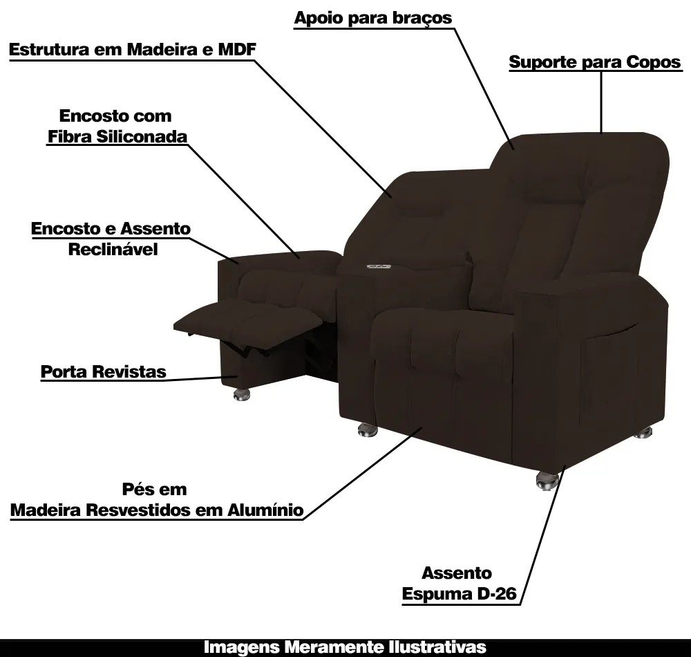 Poltrona Reclinável Para Cinema 2 Lugares Sora Veludo Marrom FH1 - D'Rossi