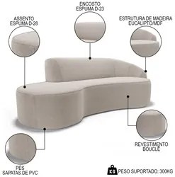 Sofá Living 3 Lugares 230cm Braço Direito Mozart D06 Bouclê Bege - Mpo