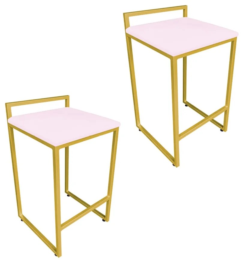 Conjunto 02 Banquetas Alta Lavínia Suede Base Dourado D'Rossi - Rosa Bebê