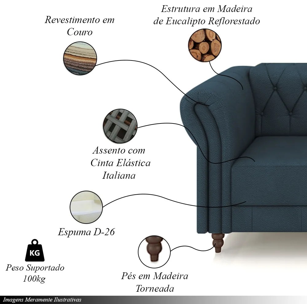 Kit 2 Poltronas Decorativas Sala de Estar Stanford Chesterfield Pés de Madeira Couro Azul Marinho G58 - Gran Belo