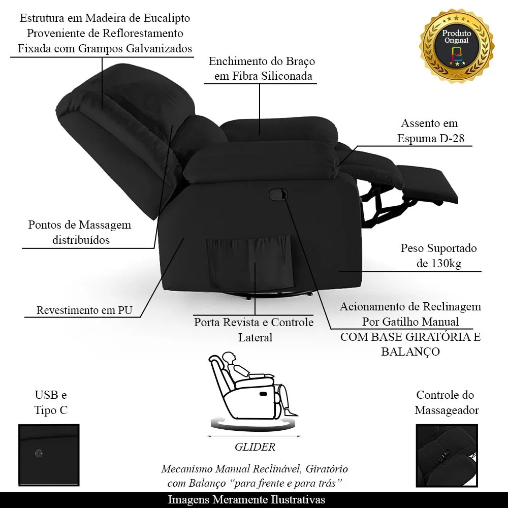 Poltrona do Papai Reclinável Melim Glider Giratória USB PU Brilho FH1 - D'Rossi - Preto