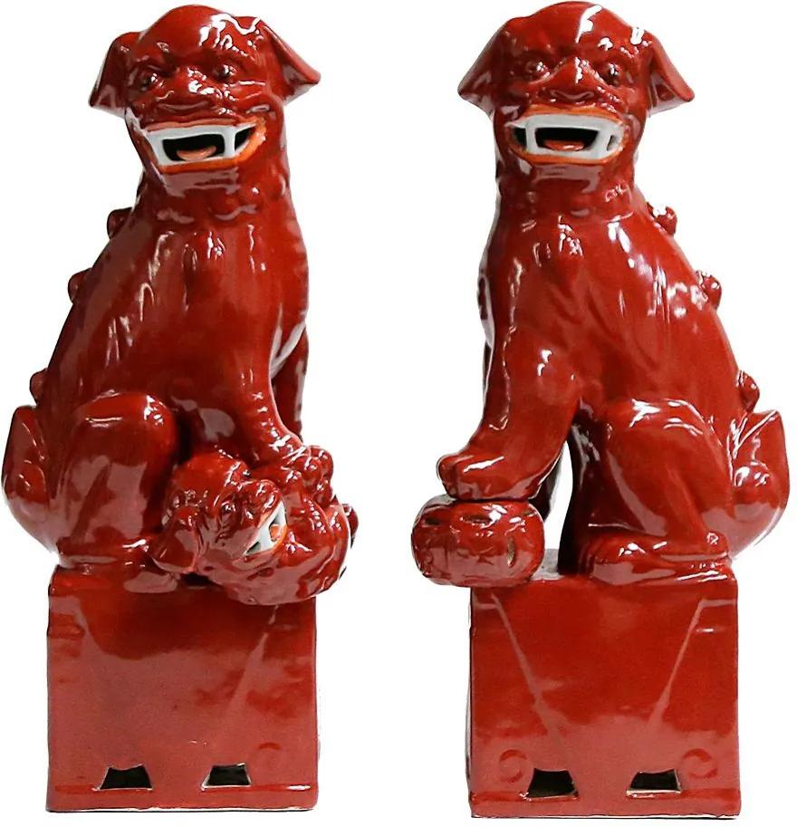 Par de Leões Chineses em Porcelana Vermelho 45 cm