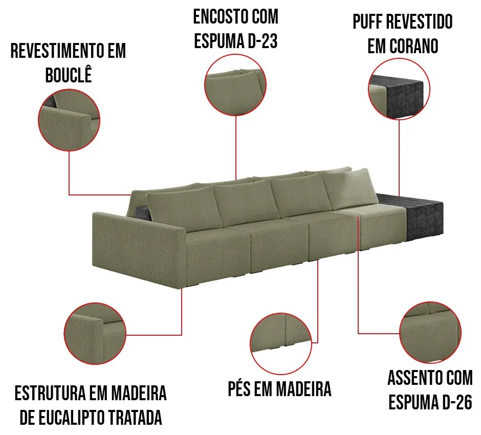 Sofá Ilha 4 Lugares Living 432cm Modulado Sala Lary Bouclê/PU Pto K01 - D'Rossi - Verde