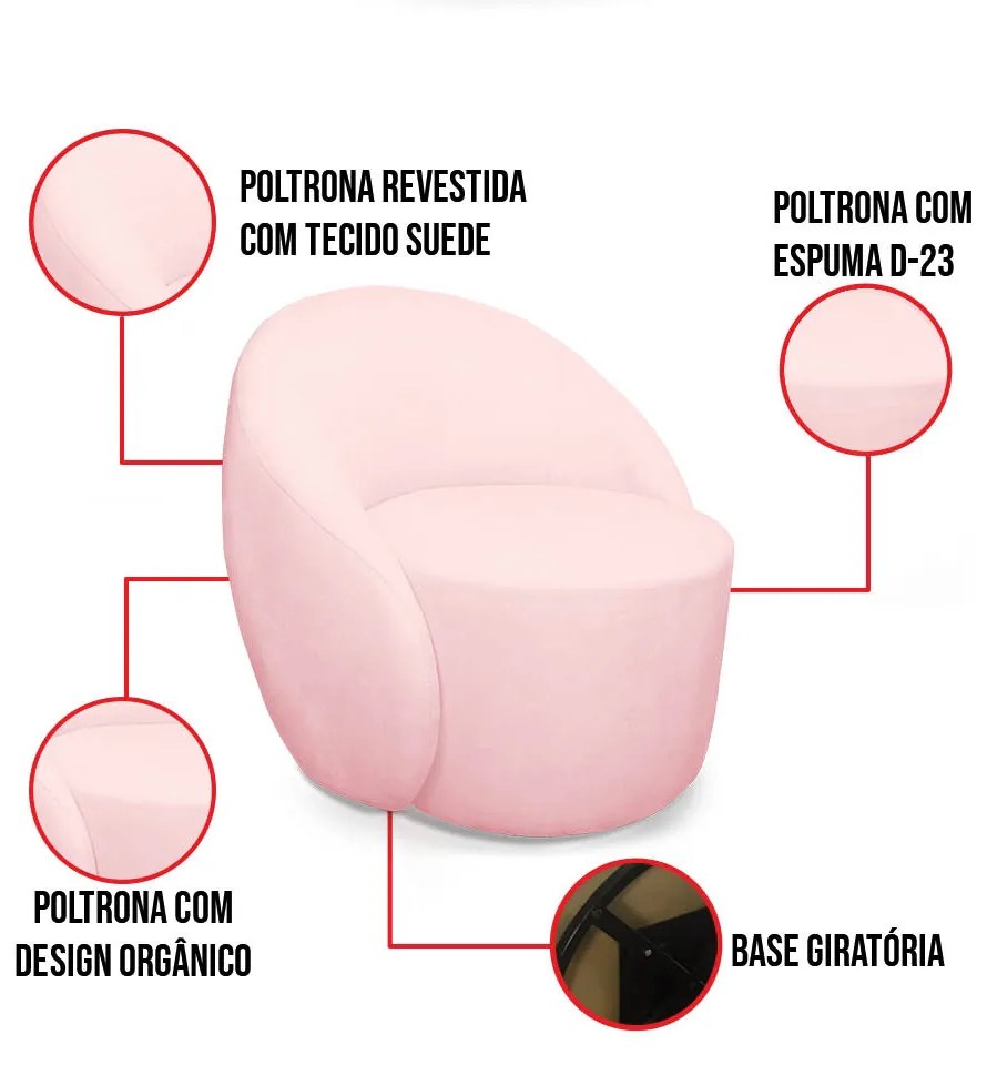 Poltrona Decorativa Orgânica Giratória Lua Suede Rosa Bebê D03 - D'Rossi