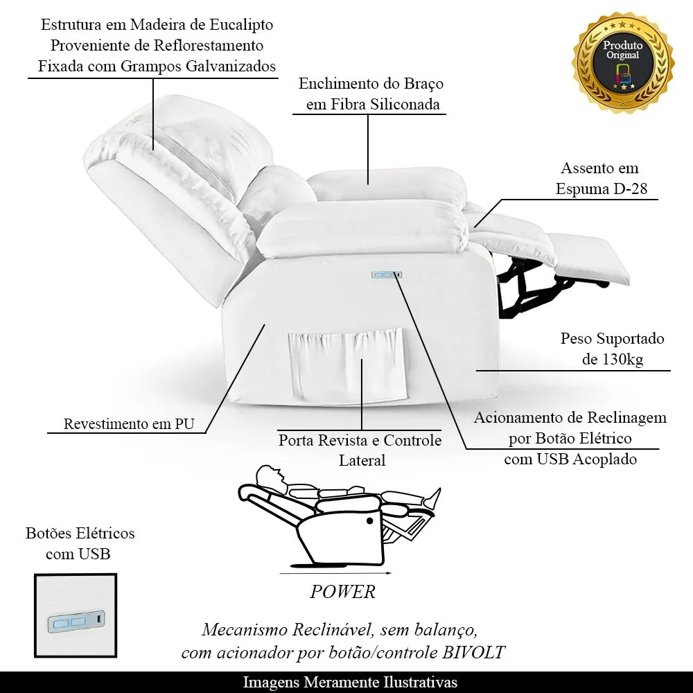 Poltrona do Papai Reclinável Melim Elétrica LED PU Branco FH1 - D'Rossi