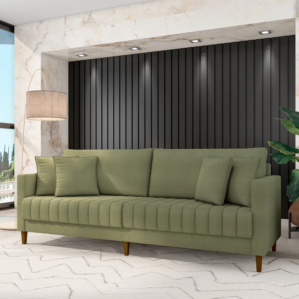 Sofá Living Decorativo Hamburgo 2 Lugares 156cm com Almofadas Pés em Madeira Bouclê Verde G33 - Gran Belo