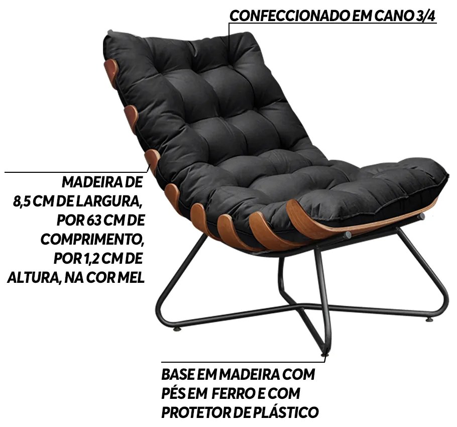 Poltrona Decorativa Sala de Estar Caim Base de Madeira Preto Veludo Preto G41 - Gran Belo