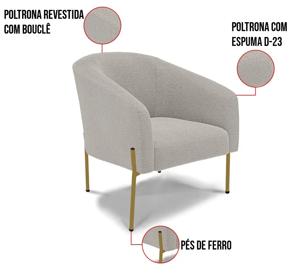 Poltrona Decorativa Pé de Ferro Dourado Stella Bouclê Cinza D03 - D'Rossi