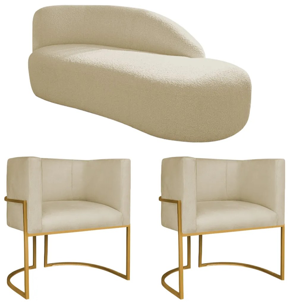 Kit Divã Luna 160cm Lado Direito e 02 Poltronas Base de Ferro Dourado Suede