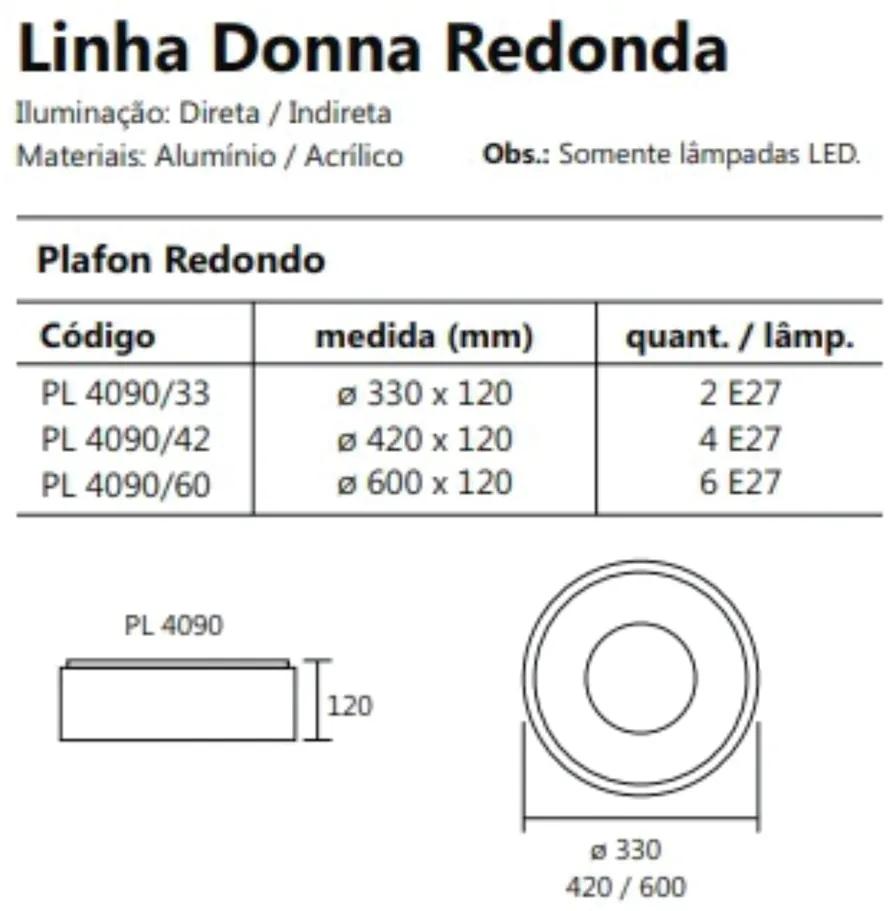 Plafon De Sobrepor Redondo Donna Ø60X12Cm 6Xe27 / Metal E Acrilico | U... (AV-M - Avelã Metálico)