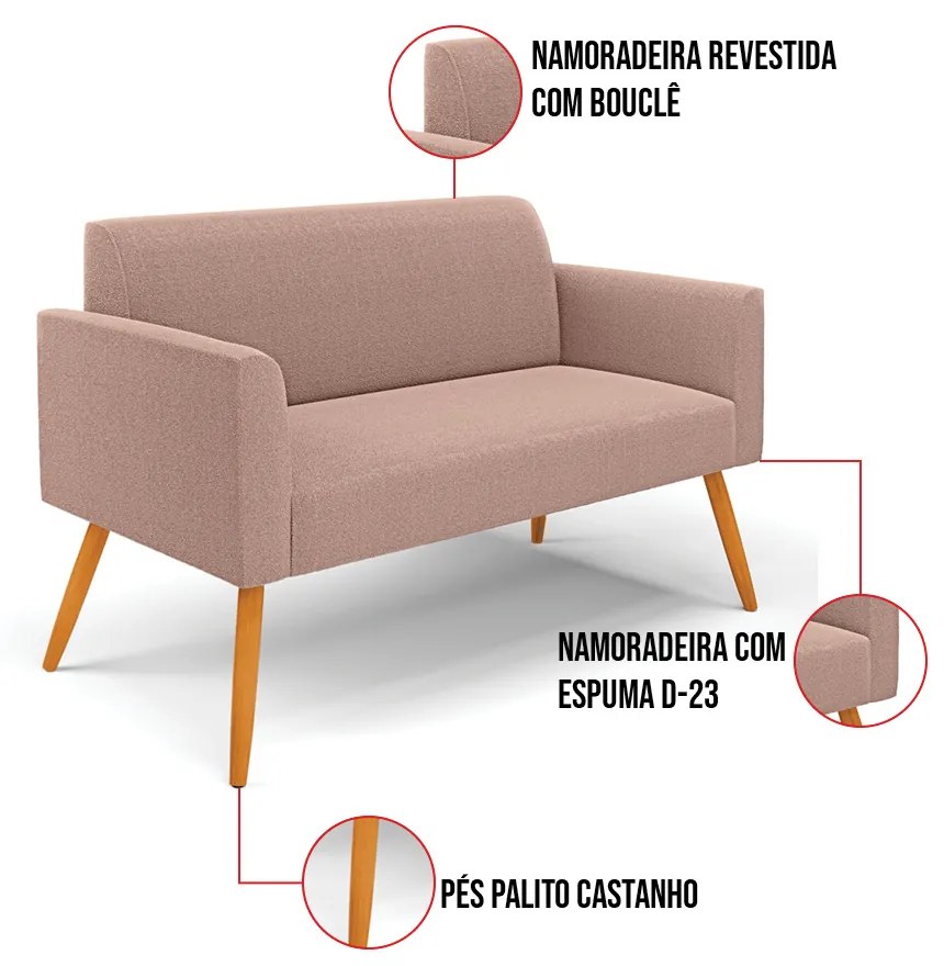 Namoradeira e Poltrona Pé Palito Castanho Marisa Bouclê Rosê D03 - D'Rossi