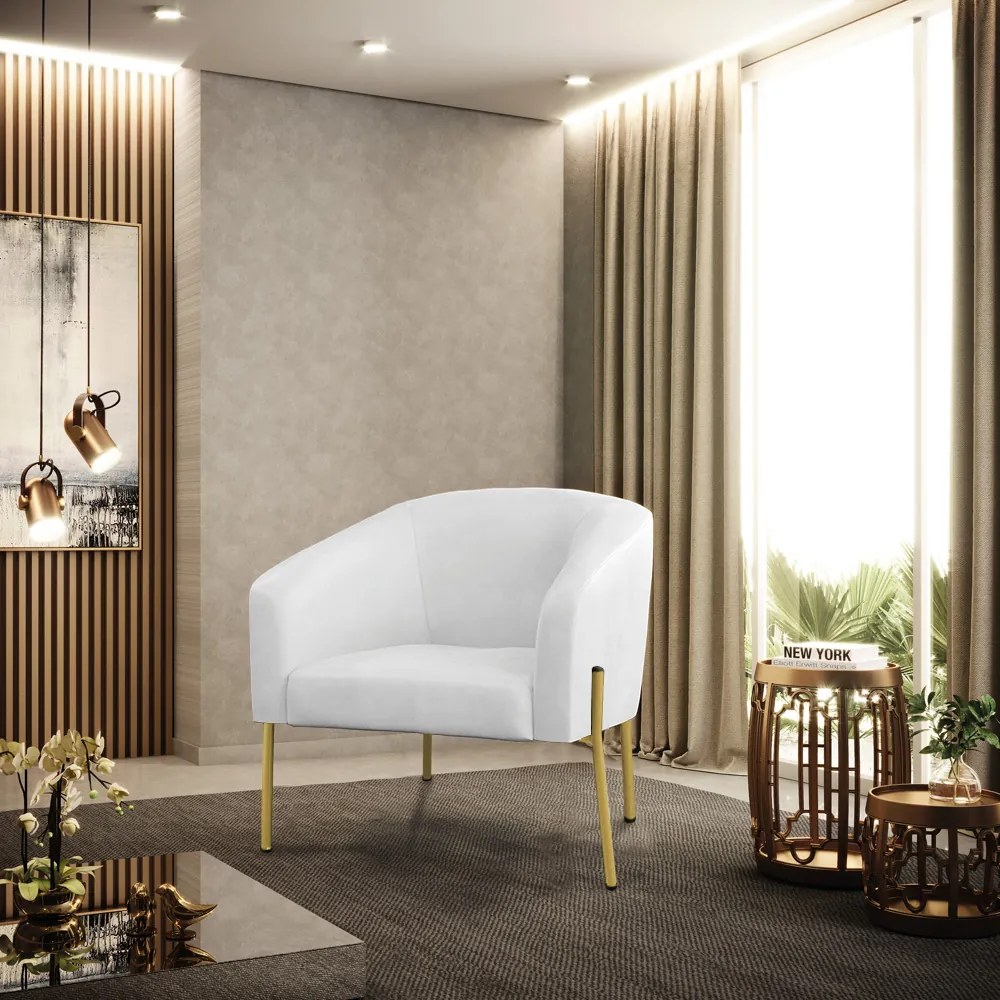 Poltrona Decorativa Pé de Ferro Dourado Kit 2 Stella Sintético PU Branco D03 - D'Rossi
