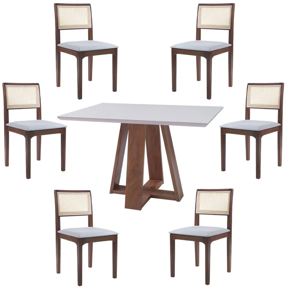 Conjunto Mesa Sala de Jantar c/Tampo de Vidro Shell 160x90cm com 6 Cadeiras Madeira Maciça Nivea Tela Rattan Sextavano Linho Cinza/Amêndoa G55 - Gran