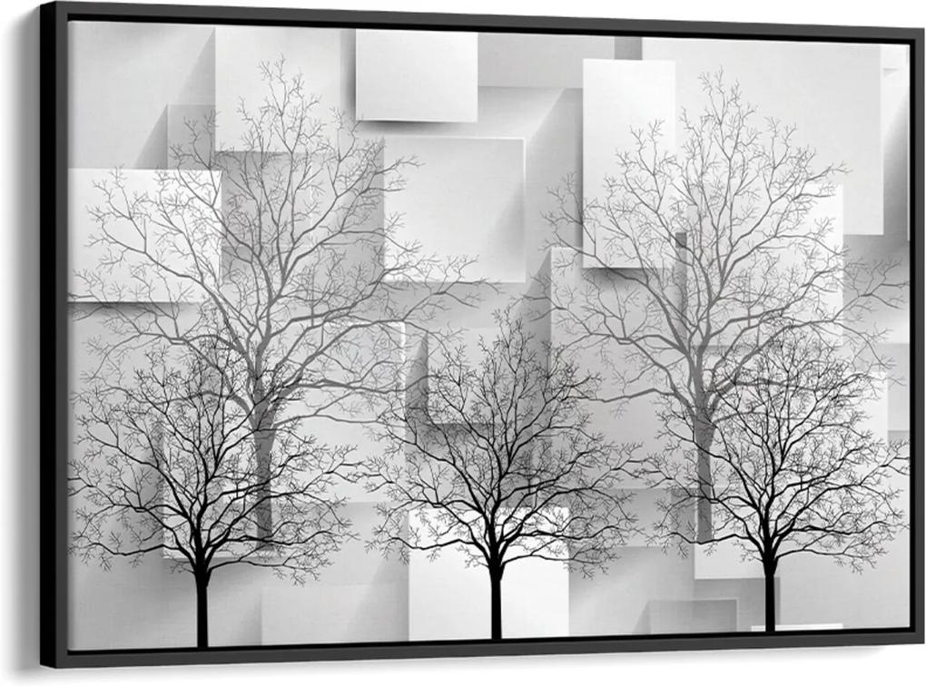 Quadro 60x90cm Árvores sem Folhas Monocromática com Retângulos Preto e Cinza Canvas Moldura Flutuante Preta