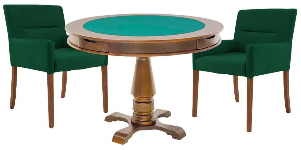Mesa de Jogos Carteado Victoria Redonda Tampo Reversível Amêndoa com 2 Cadeiras Vicenza Suede Verde G36 G15 - Gran Belo