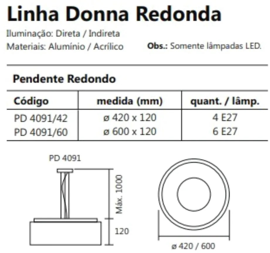 Pendente Donna Ø42X11Cm 4Xe27 / Metal E Acrilico | Usina 4091/42 (PT - Preto Texturizado)