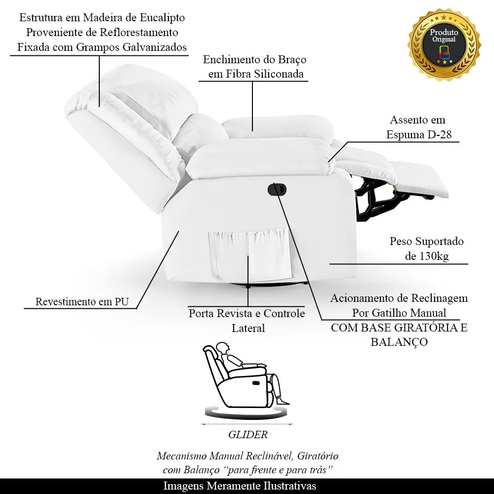 Poltrona do Papai Reclinável Melim Glider Giratória PU Branco FH1 - D'Rossi