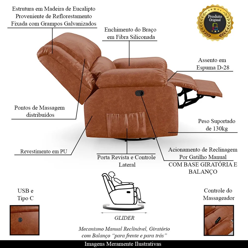 Poltrona do Papai Reclinável Sala de Cinema Madrid Glider Manual Giratória Massagem USB PU Caramelo Brilho  G23 - Gran Belo