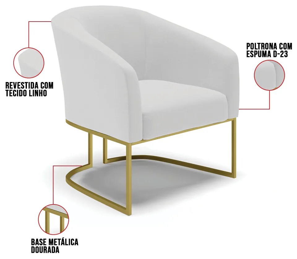 Poltrona Decorativa Industrial Dourada Stella Linho Cinza D03 - D'Rossi