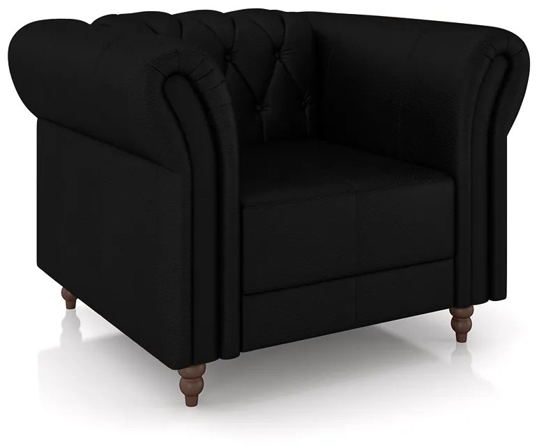 Poltrona Decorativa Sala de Estar Stanford Chesterfield Pés de Madeira Couro Preto Brilho G58 - Gran Belo