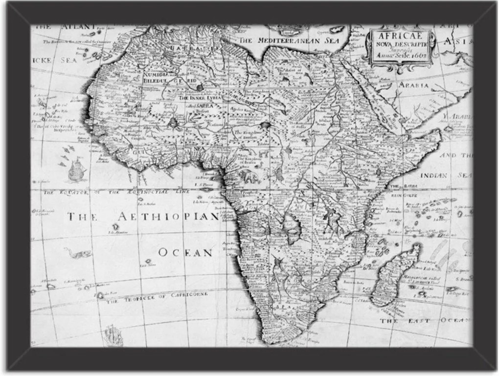 Quadro Decorativo Mapa Mundi Africa Preto e Branco Preto - Grande