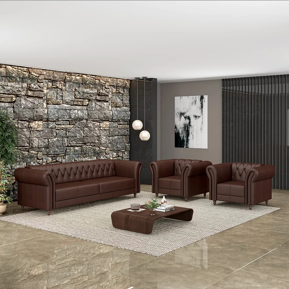 Conjunto Sala de Estar 1 Sofá Living 220cm e 2 Poltronas Stanford Chesterfield Pés Madeira Couro Marrom Brilho G58 - Gran Belo