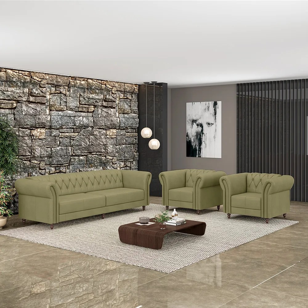 Conjunto Sala de Estar 1 Sofá Living 240cm e 2 Poltronas Stanford Chesterfield Pés Madeira Couro Fendi G58 - Gran Belo