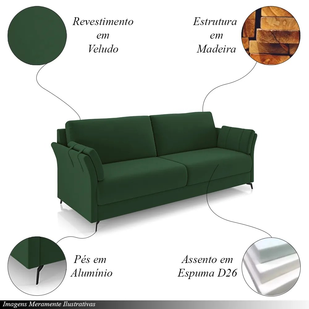 Conjunto Poltrona e Sofá Decorativo Violet 3 Lugares 223cm Pés em Alumínio Preto Veludo Verde G45 - Gran Belo