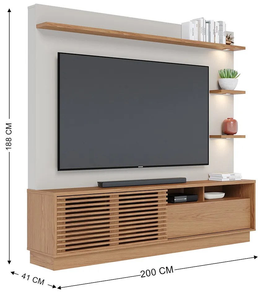 Estante de TV 70 Polegadas 200cm com Led Lidia C04 - D'Rossi - Freijó e Off White Matte
