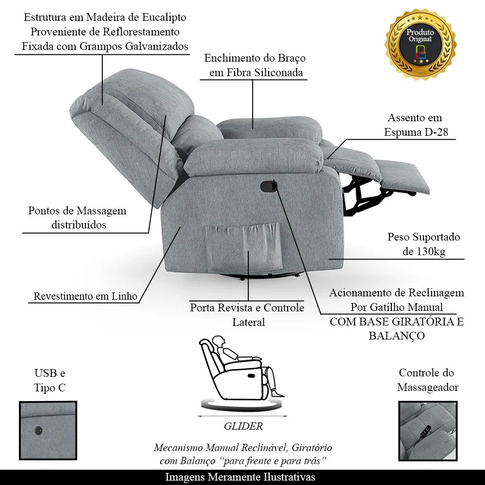 Poltrona do Papai Reclinável Sala de Cinema Madrid Glider Manual Giratória Massagem USB Linho Cinza  G23 - Gran Belo