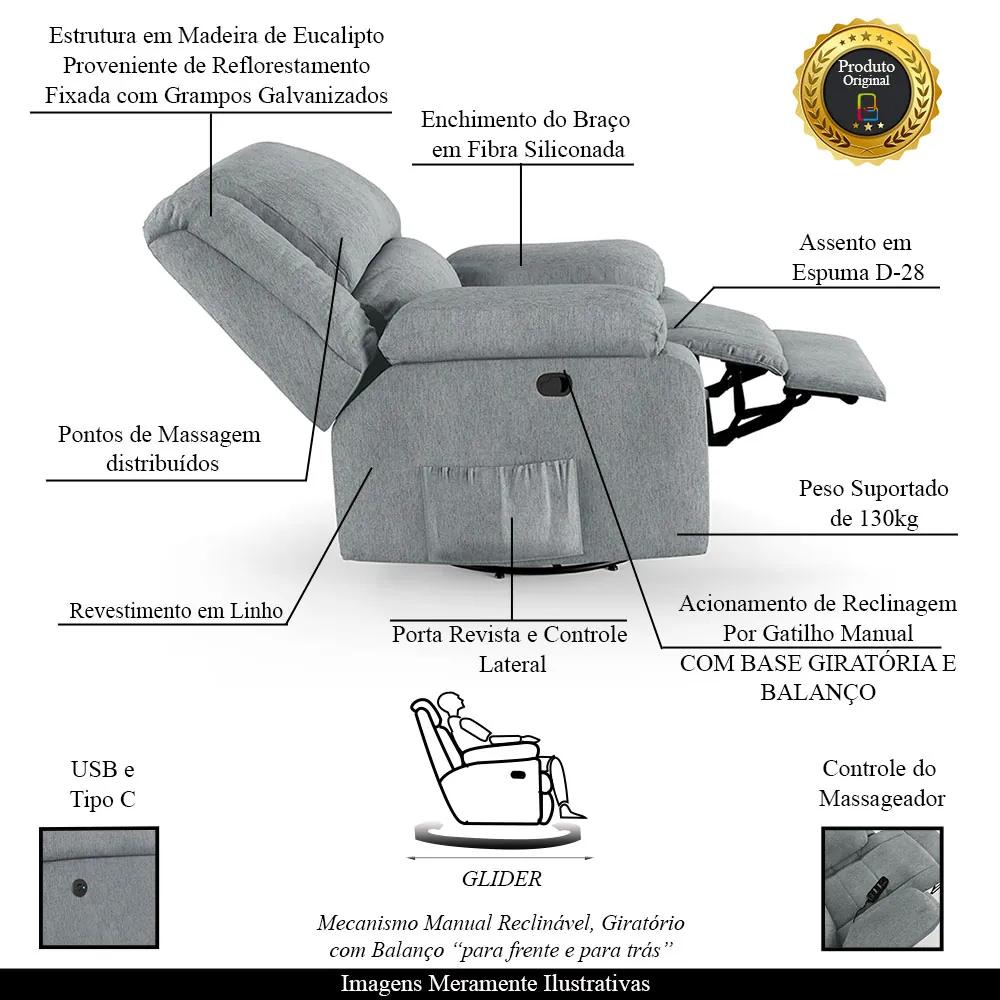 Poltrona do Papai Reclinável Sala de Cinema Madrid Glider Manual Giratória Massagem USB Linho Cinza  G26