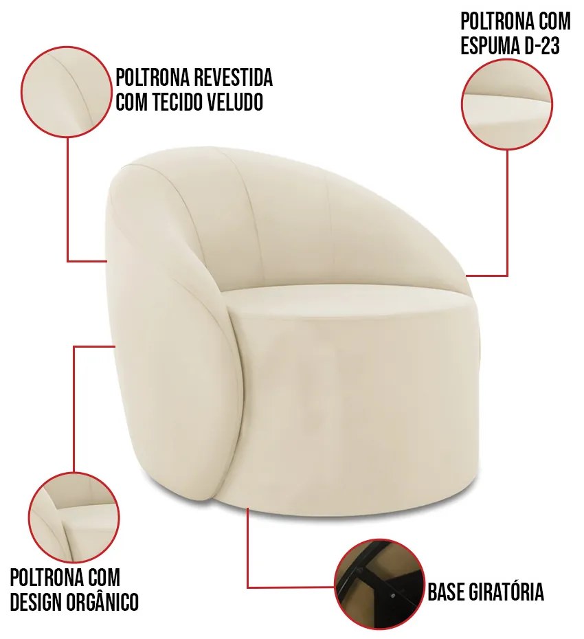 Poltrona Decorativa Orgânica Giratória Kit 2 Lua Veludo D03 - D'Rossi - Bege