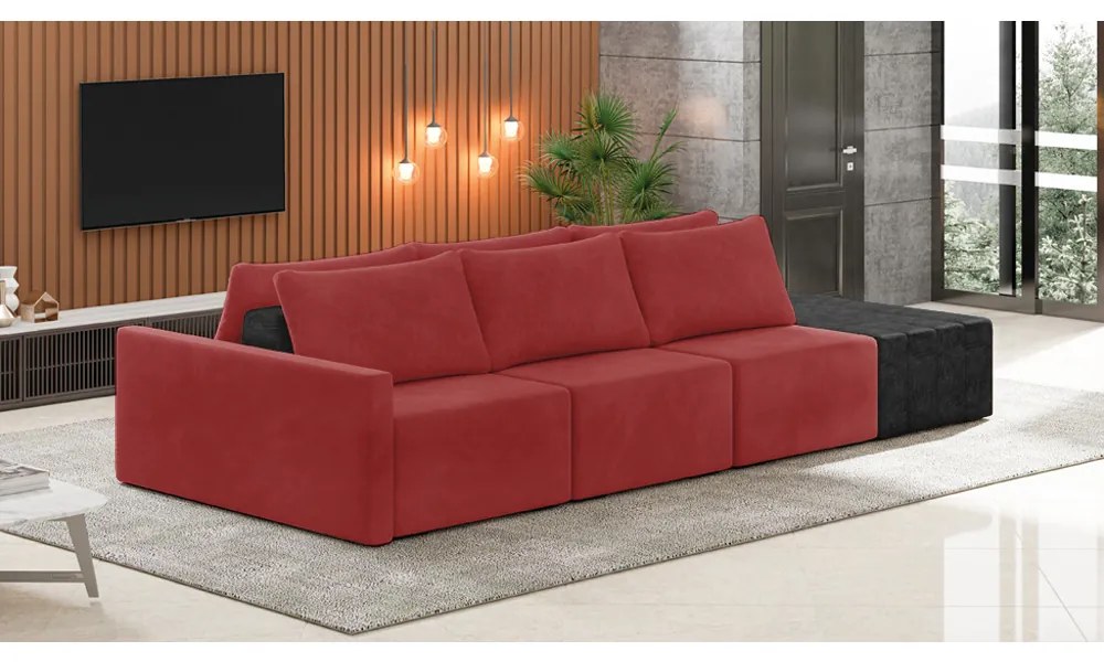 Sofá Ilha 3 Lugares Living 312cm Modulado Sala Lary Veludo Vermelho/PU Pto K01 - D'Rossi