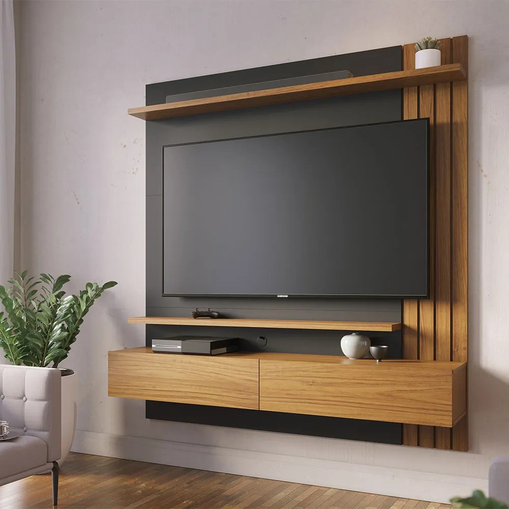 Painel TV 65 Pol 150cm Bancada Suspensa Ripado Luca C04 - D'Rossi - Noce Milano/Preto Fosco