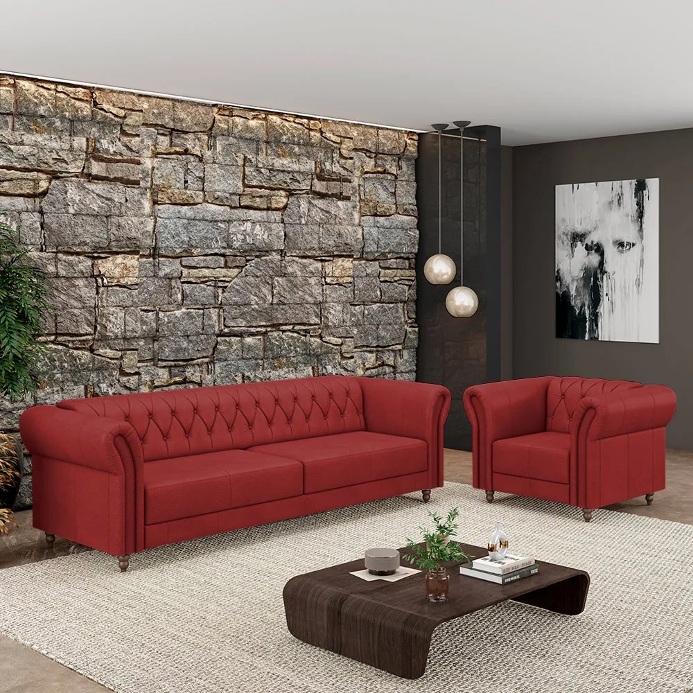 Conjunto Sala de Estar 1 Sofá Living 200cm e 1 Poltrona Stanford Chesterfield Pés Madeira Couro Vermelho G58 - Gran Belo