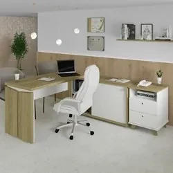 Mesa Escrivaninha em L Sharp e Gaveteiro 2 Gavetas May A06 Olmo/Branco