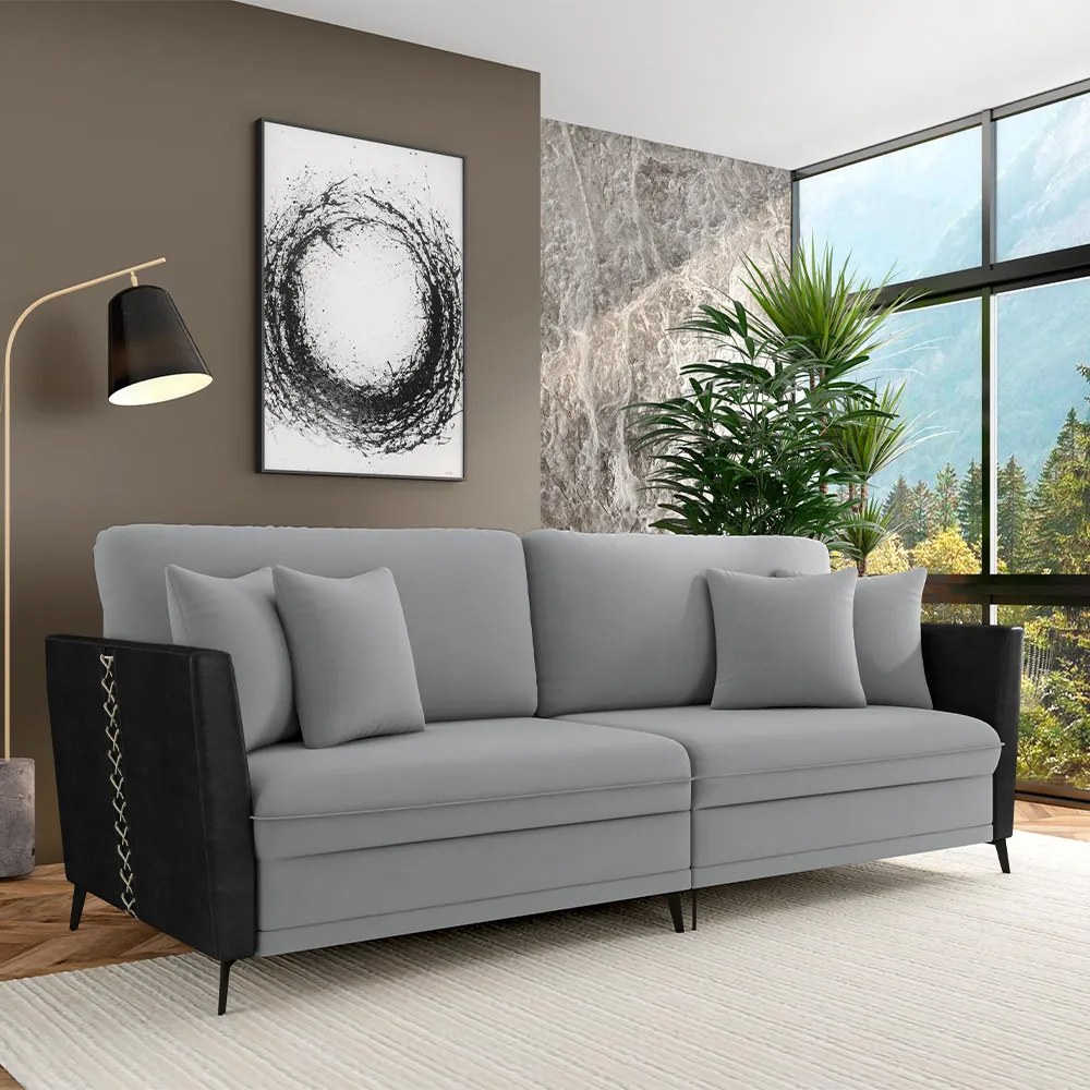 Sofá Living Decorativo Zagreb 3 Lugares 262cm com Almofadas Pés de Ferro Veludo/PU Cinza/Preto G33 - Gran Belo