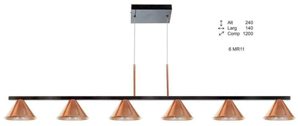 Pendente Time Retangular 120X14X24Cm Cone Fixo Simetrico Metal Alumini... (PRETO / COBRE BRILHO)